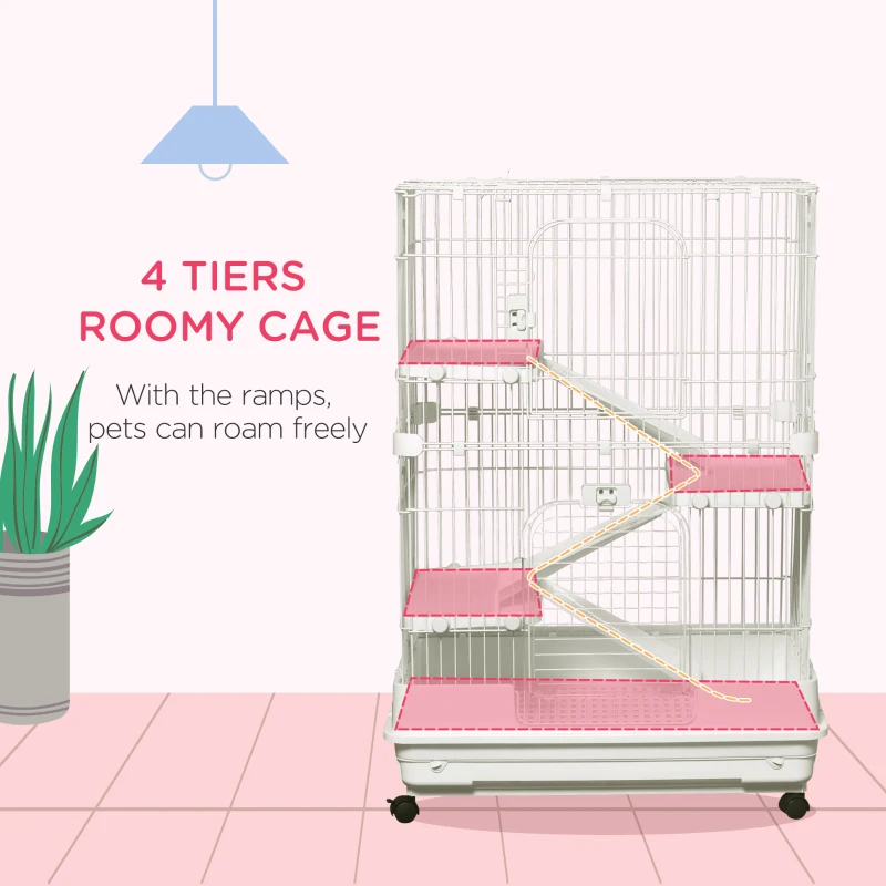 PawHut 32"L 4-Level Small Animal Cage Rabbit Hutch with Universal Lockable Wheels, Slide-out Tray for Bunny, Chinchillas, Ferret, White