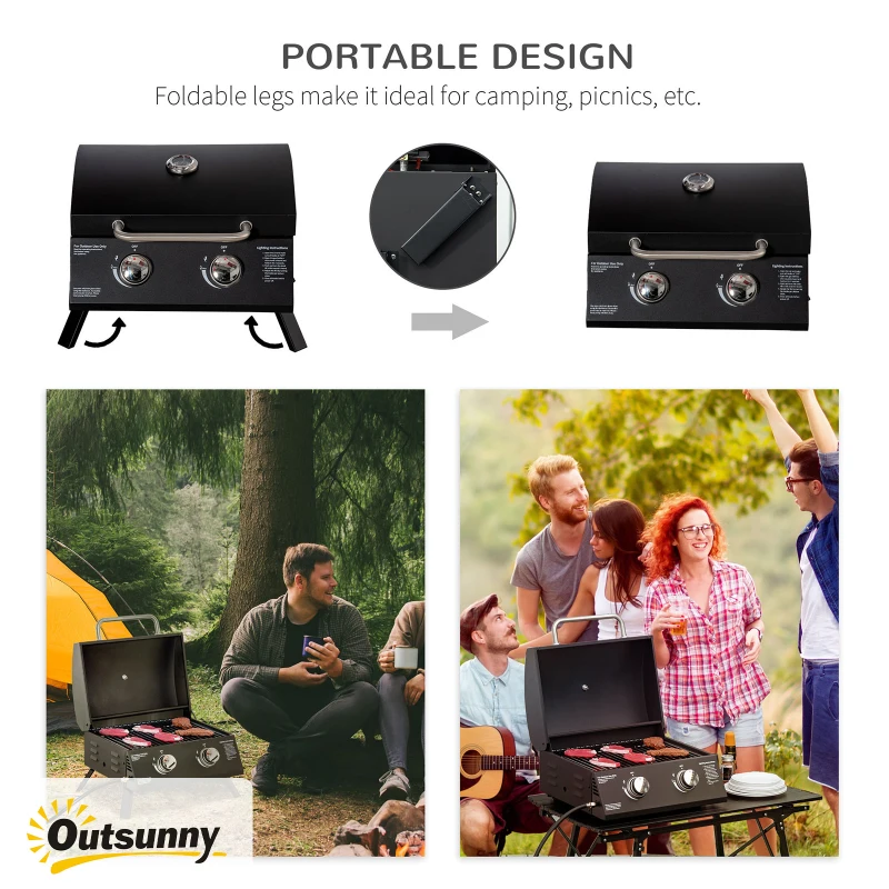 Outsunny 21.75" Charcoal BBQ, Portable Grill with 2 Burners, Heat-Resistant Handle, Folding Legs, Removable Ashtray, Thermometer, Carbon Steel, for Outdoor Cooking, Camping, Black