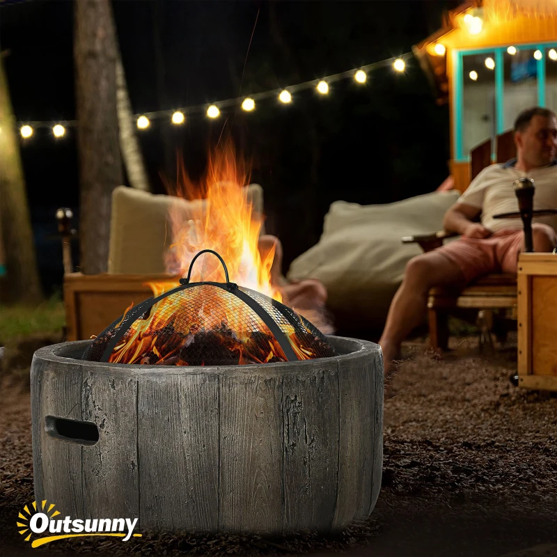 Outsunny Outdoor Fire Pit, 18 Inch Metal Wood Burning Fireplace with Spark Cover, Poker, Woodgrain Design for Patio, Picnic, Backyard, Dark Brown