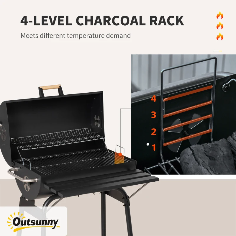 Outsunny 30" Portable Charcoal Barbecue Grill with Wheels Outdoor Barbecue with Adjustable Charcoal Rack, Storage Shelf, for Garden Camping Picnic