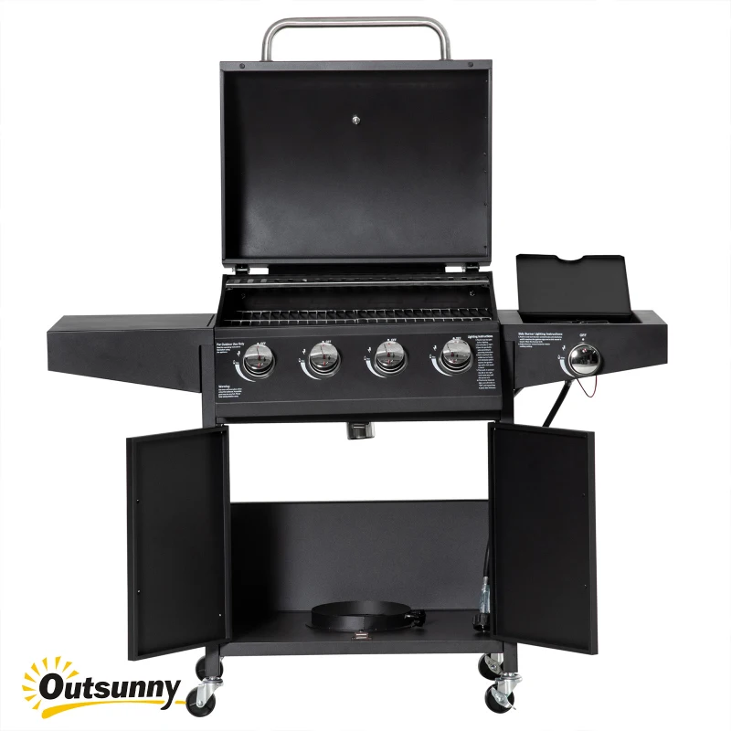 Outsunny 52" Barbecue Grill with Wheels 4+1 Burner Liquid Propane Gas Grill Outdoor Cabinet Style BBQ Trolley w/ Side Burner, Warming Rack