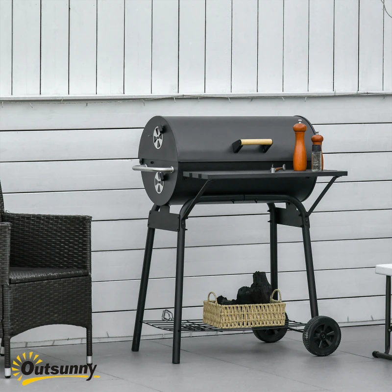 Outsunny 30" Portable Charcoal Barbecue Grill with Wheels Outdoor Barbecue with Adjustable Charcoal Rack, Storage Shelf, for Garden Camping Picnic