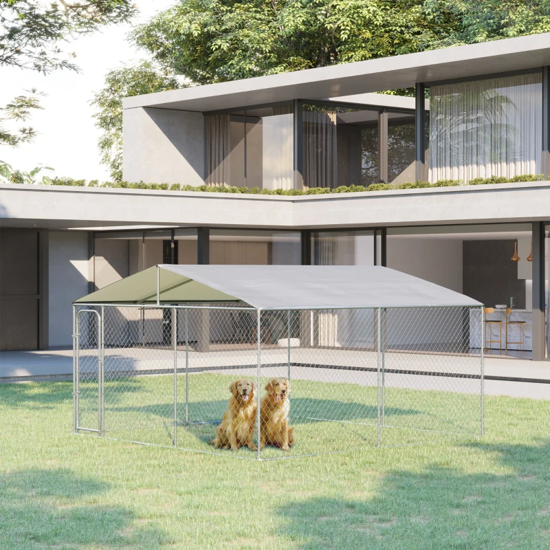 PawHut Outdoor Dog Kennel Galvanized Steel Fence with Cover Secure Lock Mesh Sidewalls for Backyard 157.5" x 157.5" x 91.25"