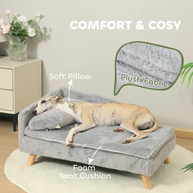 PawHut Dog Sofa Bed for Medium Dogs Cats with Cushion, Pillow, Removable and Washable Cover, Non-slip Foot Pads, Light Grey