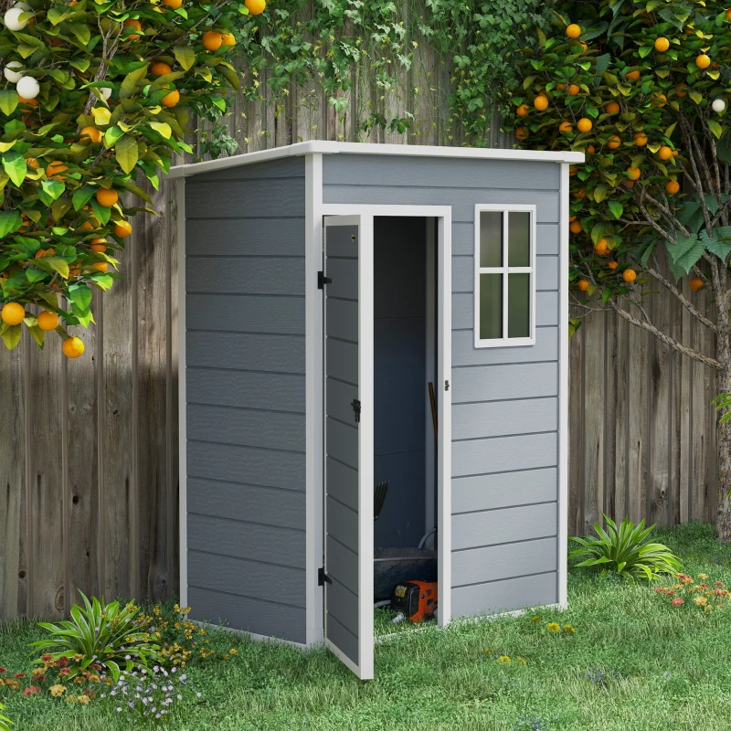 Outsunny Resin Garden Shed, 5'x3' Outdoor Storage Shed with Lock, Window, Vent, Utility Tool Shed for Backyard, Patio, Gray