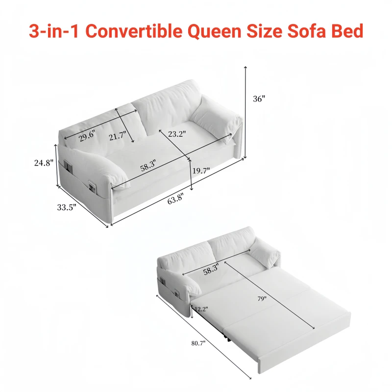 64" 3-in-1 Convertible Sleeper Sofa with Side Storage, Multi-Functional Velvet Loveseat Bed, 64" L x 33.5" W x 36" H, Grey