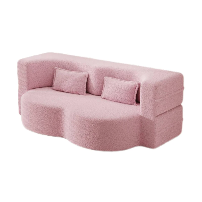 Convertible Teddy Fabric Foam-Filled Sleeper Sofa Bed with 2 Pillows, Modern Floor Sofa, Folding Mattress, 78" L x 45" W x 30" H, Pink