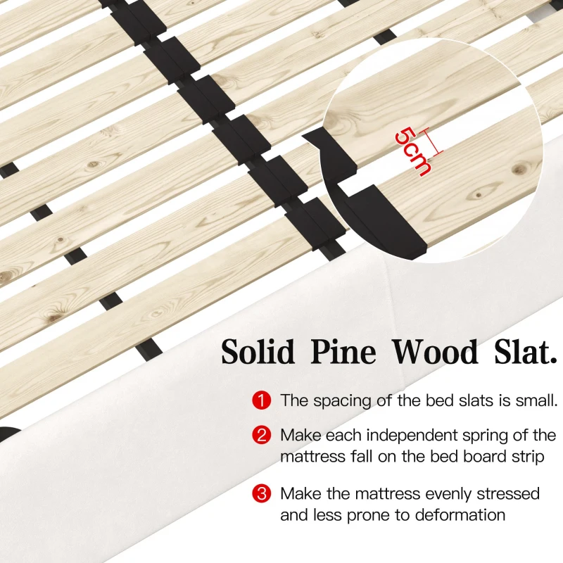 King Size Upholstered Platform Bed with Special Shaped Velvet Headboard, Solid Wood Frame, 97.5" L x 93" W x 42" H, Cream