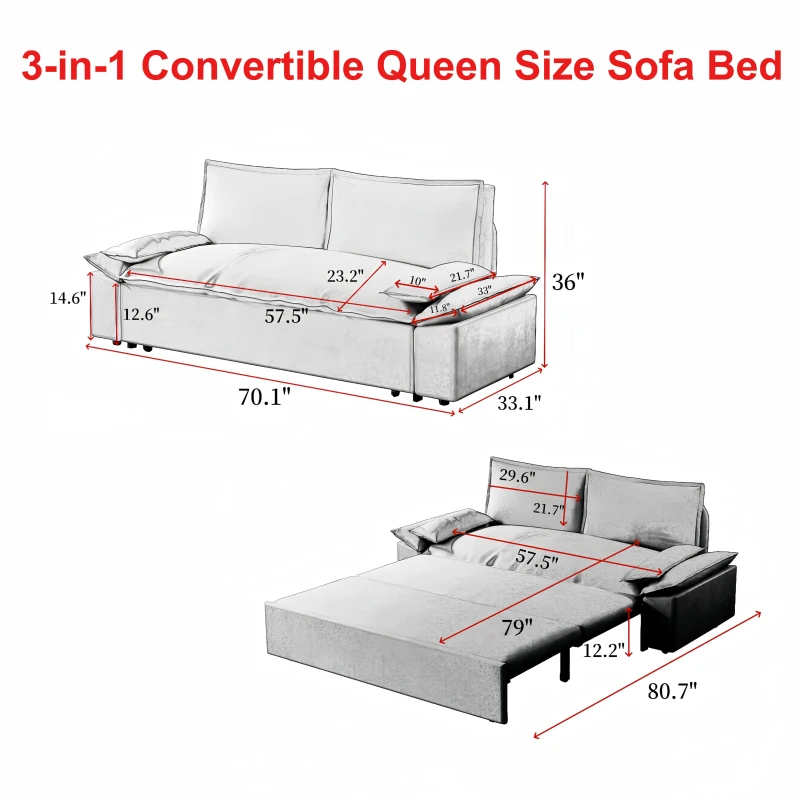 70" 3-in-1 Convertible Sleeper Sofa with 2 Soft Pillows, Multi-Functional Velvet Loveseat Bed, 70" L x 33" W x 36" H, Grey