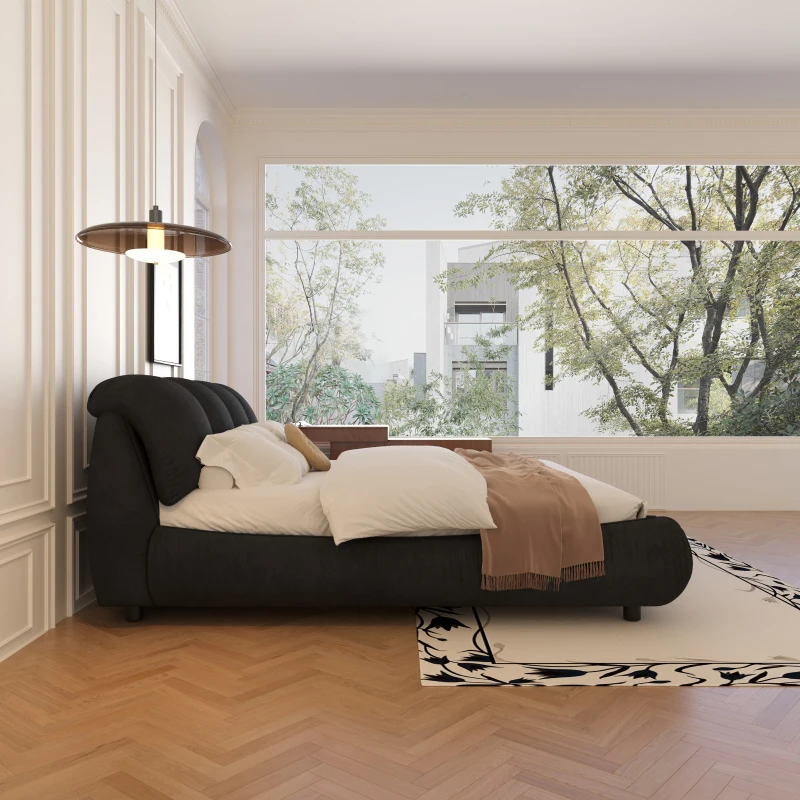 Queen Size Upholstered Bed with Oversized Padded Backrest, Solid Wood Frame, Adjustable Mattress Heights, 96.5" L x 70" W x 43.5" H, Black