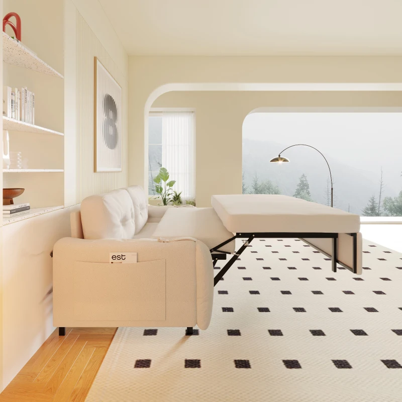 66" Hydraulic Convertible Sleeper with Storage and 2 Pillows, Tufted Button Upholstered Velvet Loveseat, 66" L x 35.5" W x 35" H, Beige