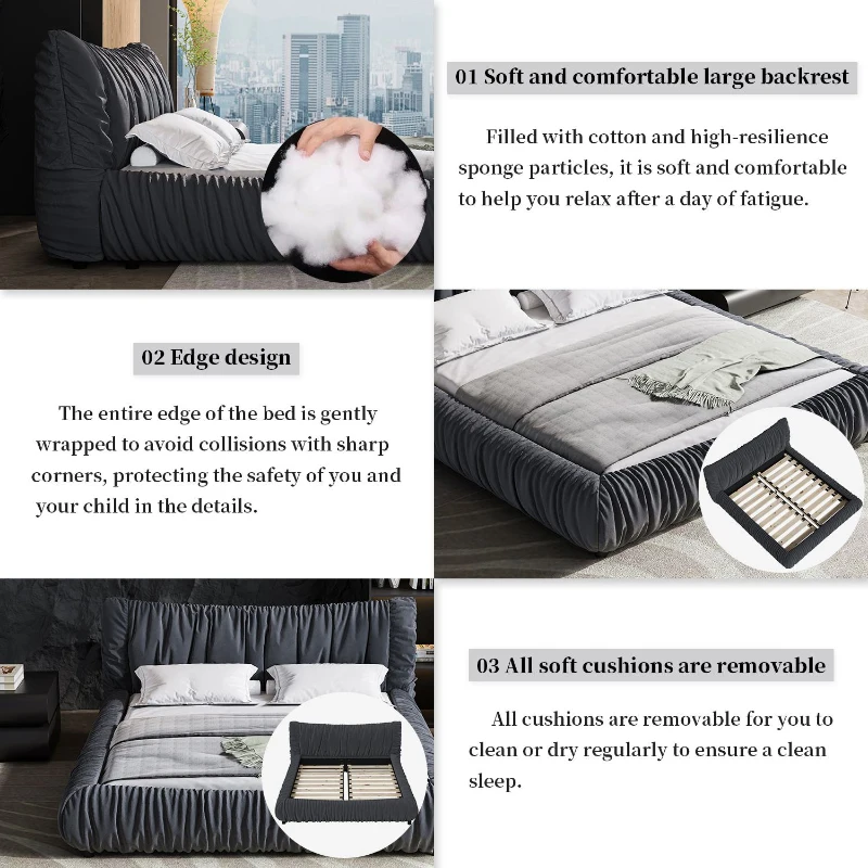 King Size Upholstered Bed with Removable Cushion, Solid Wood Frame, Adjustable Mattress Heights, 96.5" L x 89" W x 39.5" H, DARK Gray