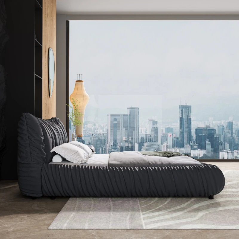 King Size Upholstered Bed with Removable Cushion, Solid Wood Frame, Adjustable Mattress Heights, 96.5" L x 89" W x 39.5" H, DARK Gray