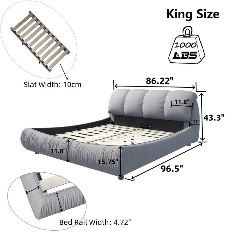King Size Upholstered Bed with Oversized Padded Backrest, Solid Wood Frame, Adjustable Mattress Heights, 96.5" L x 86" W x 43.5" H, Gray