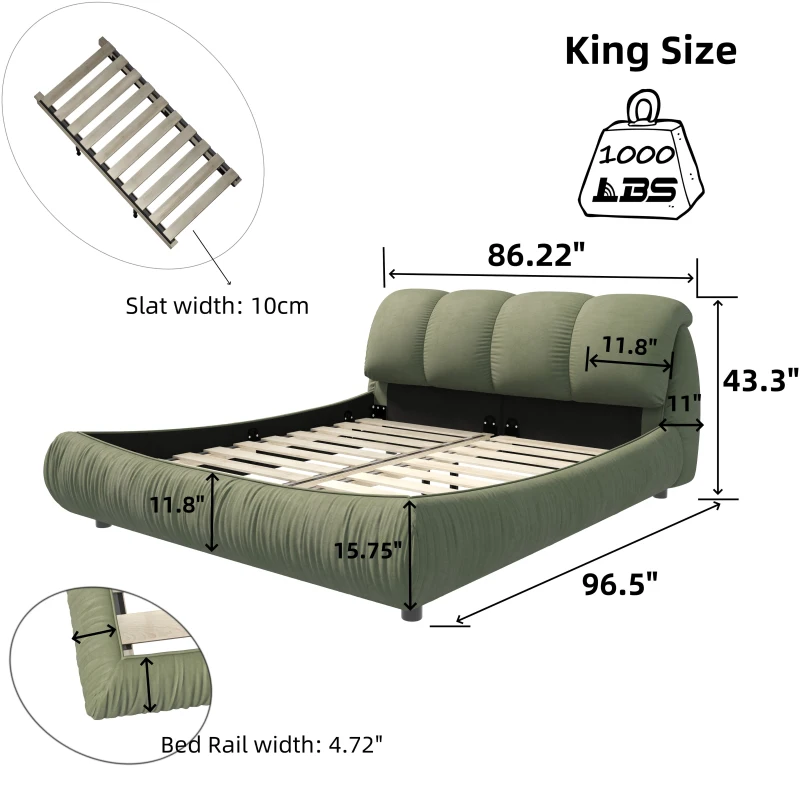 King Size Upholstered Bed with Oversized Padded Backrest, Solid Wood Frame, Adjustable Mattress Heights, 96.5" L x 86" W x 43.5" H, Green