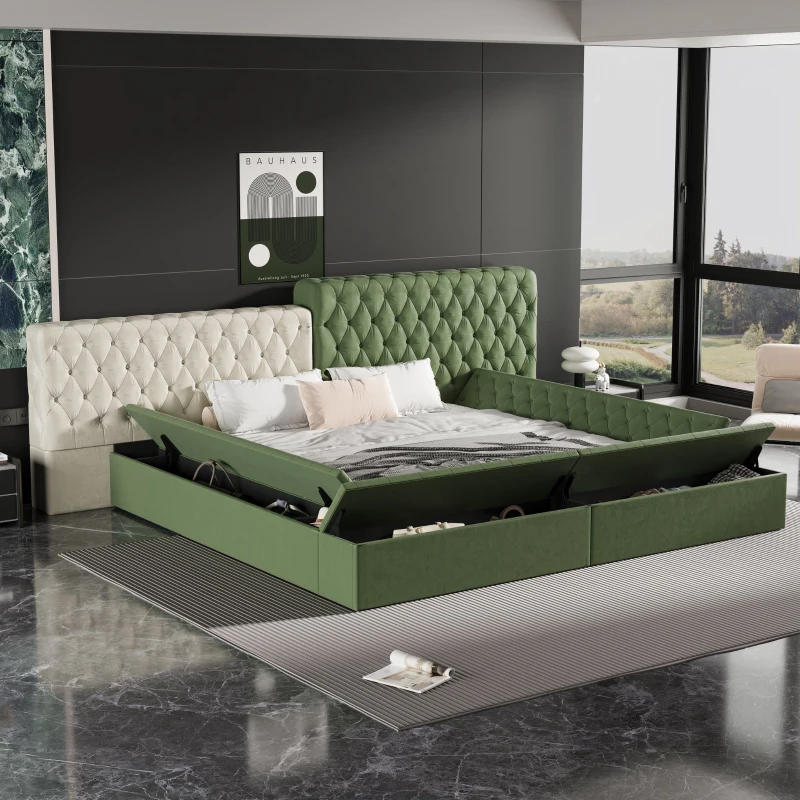 King Contemporary Special-Shaped Upholstered Bed with Deep Button Tufting, Storage Compartments, 123.5" L x 101" W x 43.5" H, Green