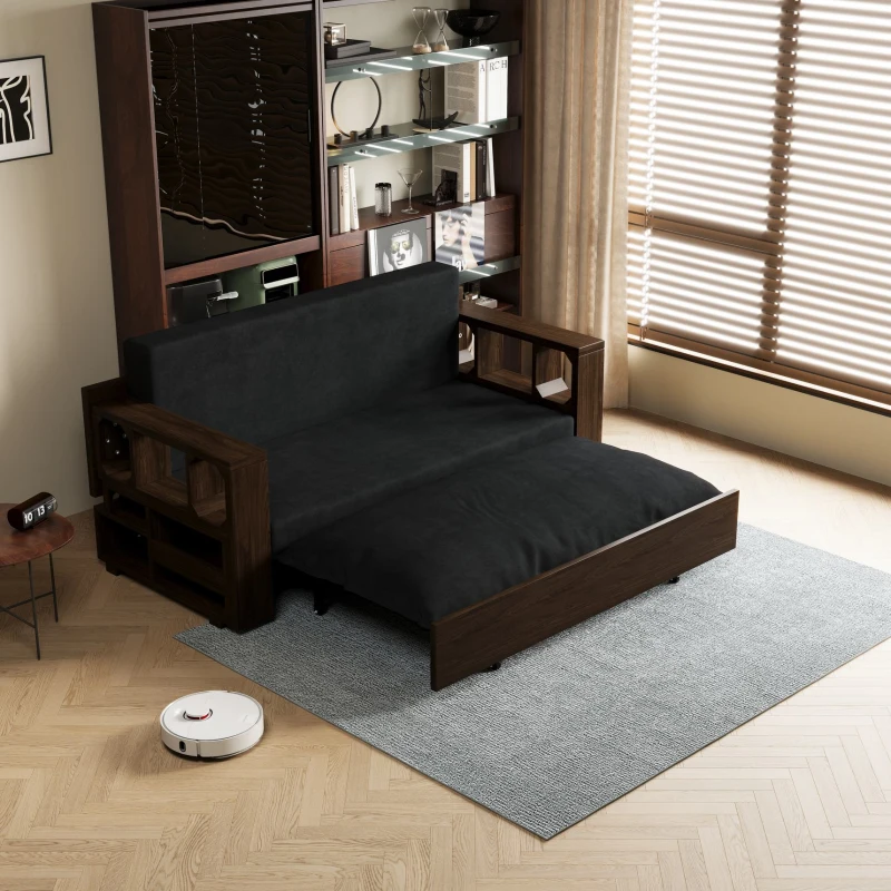 3-in-1 Convertible Sofa Bed with Pull Out Bed and Hidden Office Desk, Modern Velvet Loveseat Couch, 52.5" L x 30.5" W x 33" H, Black