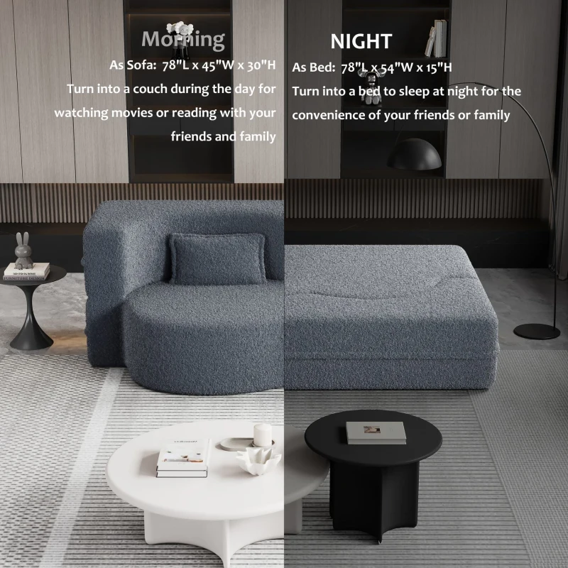 Convertible Teddy Fabric Foam-Filled Sleeper Sofa Bed with 2 Pillows, Folding Mattress, Modern Floor Sofa, 78" L x 45" W x 30" H, Gray