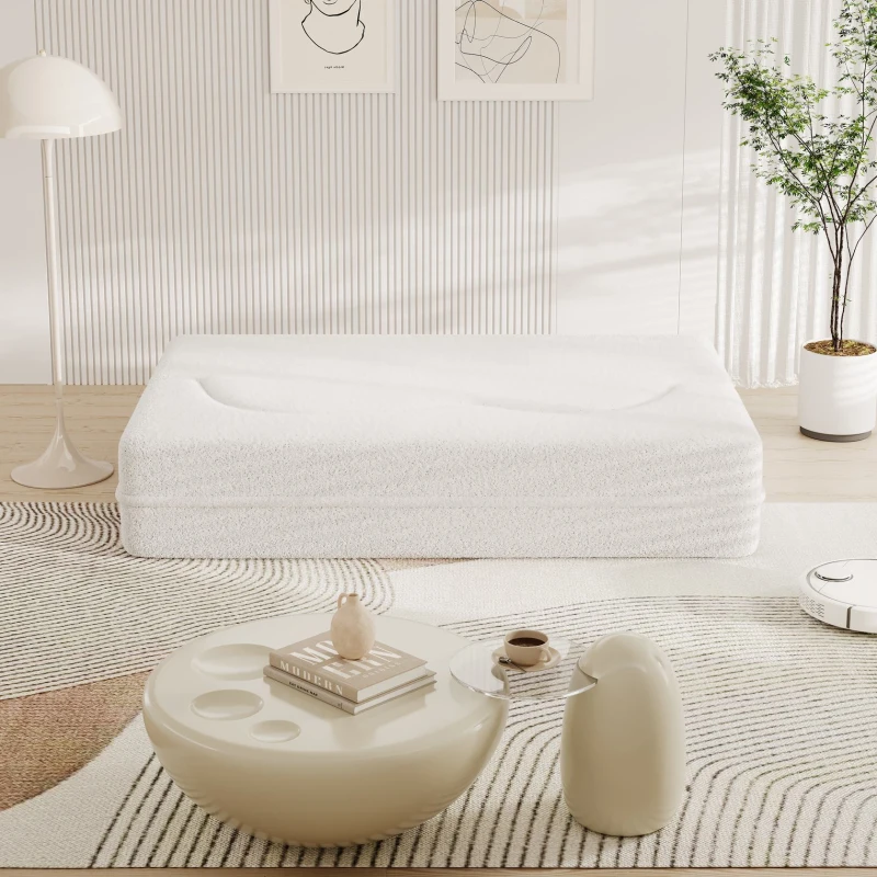 Convertible Teddy Fabric Foam-Filled Sleeper Sofa Bed with 2 Pillows, Modern Floor Sofa, Folding Mattress, 78"L x 45"W x 30"H, White