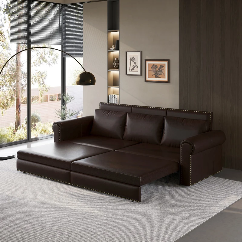 94" 3-in-1 Convertible Sleeper Sofa with Nailhead Trim & Rolled Arm, Chesterfield Sofa, Multi-Functional, 94" L x 35.5" W x 38.5" H, Dark Brown