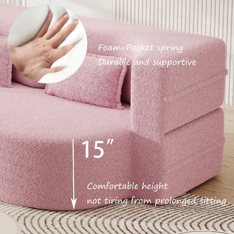 Convertible Teddy Fabric Foam-Filled Sleeper Sofa Bed with 2 Pillows, Modern Floor Sofa, Folding Mattress, 78" L x 45" W x 30" H, Pink