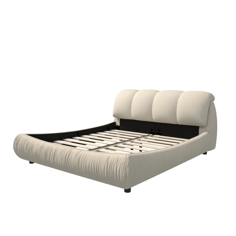 Queen Size Upholstered Bed with Oversized Padded Backrest, Solid Wood Frame, Adjustable Mattress Heights, 96.5" L x 70" W x 43.5" H, Beige