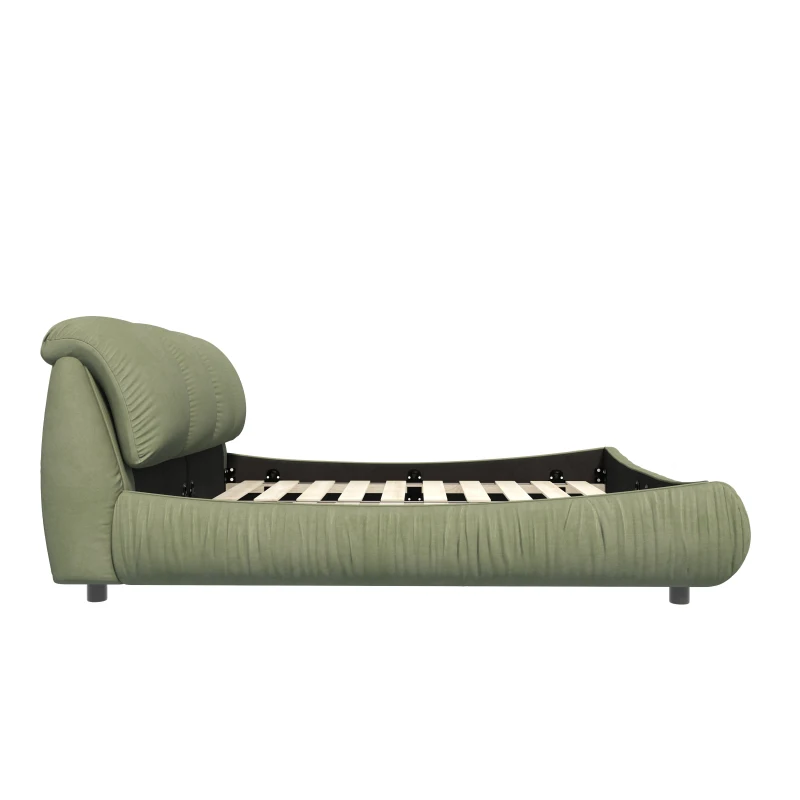 Queen Size Upholstered Bed with Oversized Padded Backrest, Solid Wood Frame, Adjustable Mattress Heights, 96.5" L x 70" W x 43.5" H, Green