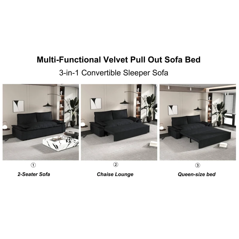 70" 3-in-1 Convertible Sleeper Sofa with 2 Soft Pillows, Multi-Functional Velvet Loveseat Bed, 70" L x 33" W x 36" H, Black