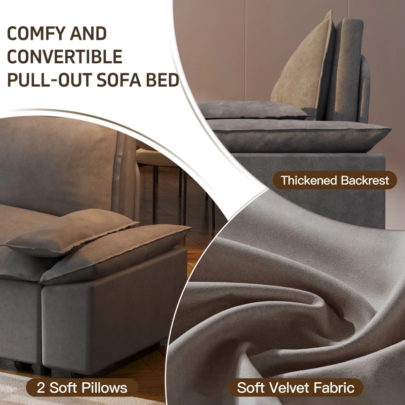 70" 3-in-1 Convertible Sleeper Sofa with 2 Soft Pillows, Multi-Functional Velvet Loveseat Bed, 70" L x 33" W x 36" H, Grey