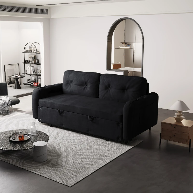 66" Hydraulic Convertible Sleeper Sofa with Storage and 2 Soft Pillows, Tufted Button Upholstered Loveseat, 66" L x 35.5" W x 35" H, Black