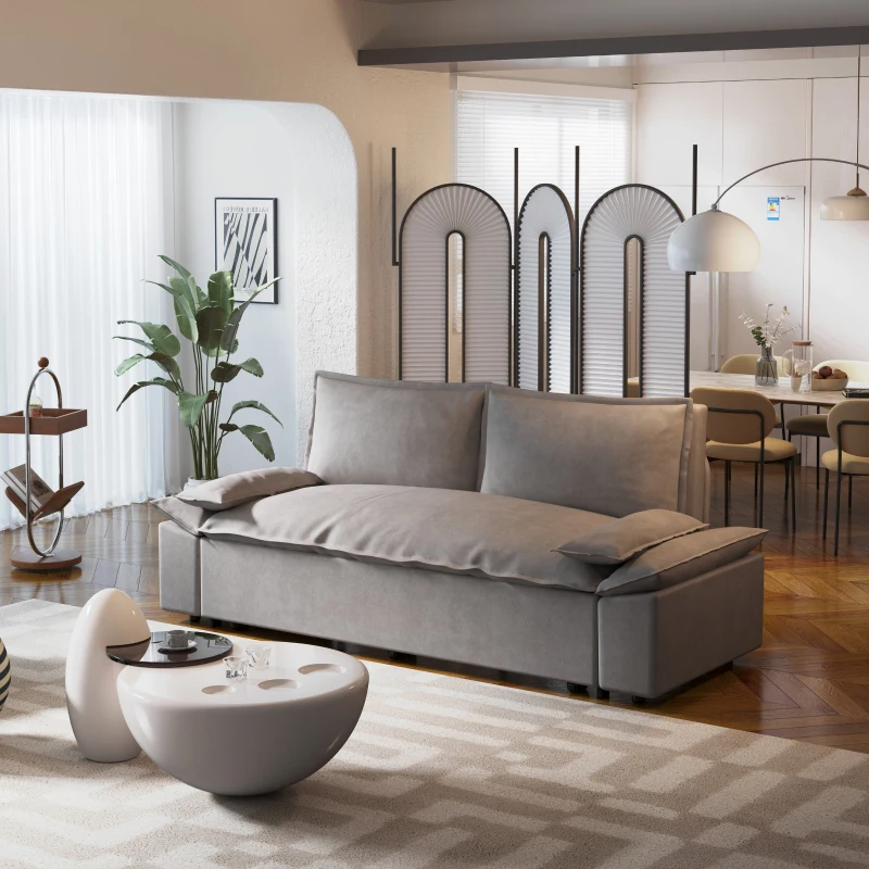 70" 3-in-1 Convertible Sleeper Sofa with 2 Soft Pillows, Multi-Functional Velvet Loveseat Bed, 70" L x 33" W x 36" H, Grey