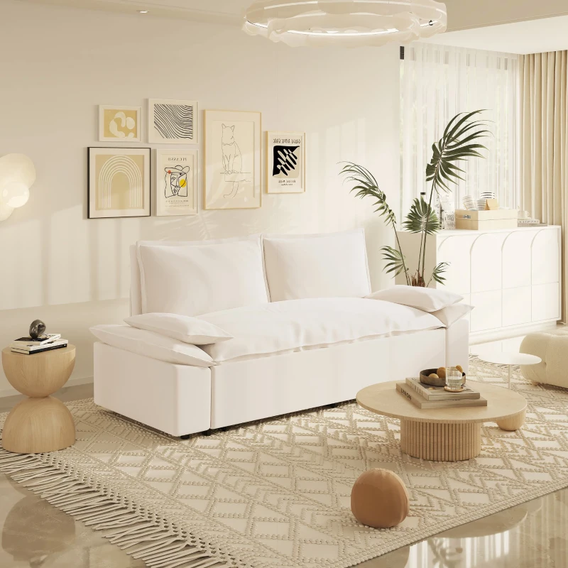 70" 3-in-1 Convertible Sleeper Sofa with 2 Soft Pillows, Multi-Functional Velvet Loveseat Bed, 70" L x 33" W x 36" H, Beige