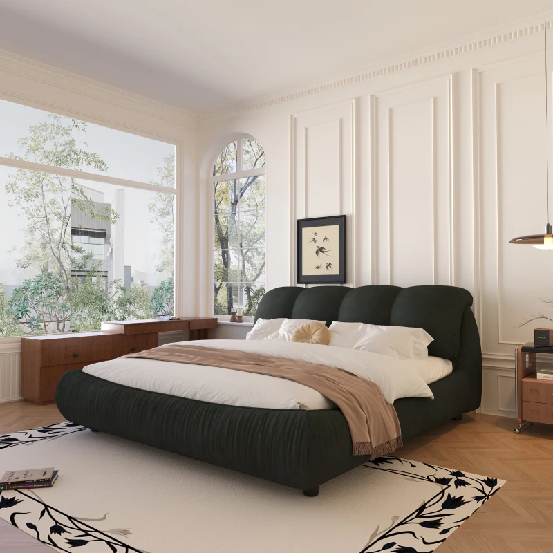 Queen Size Upholstered Bed with Oversized Padded Backrest, Solid Wood Frame, Adjustable Mattress Heights, 96.5" L x 70" W x 43.5" H, Black
