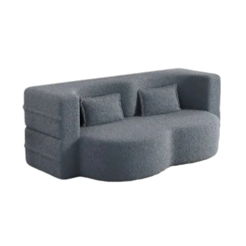Convertible Teddy Fabric Foam-Filled Sleeper Sofa Bed with 2 Pillows, Folding Mattress, Modern Floor Sofa, 78" L x 45" W x 30" H, Gray