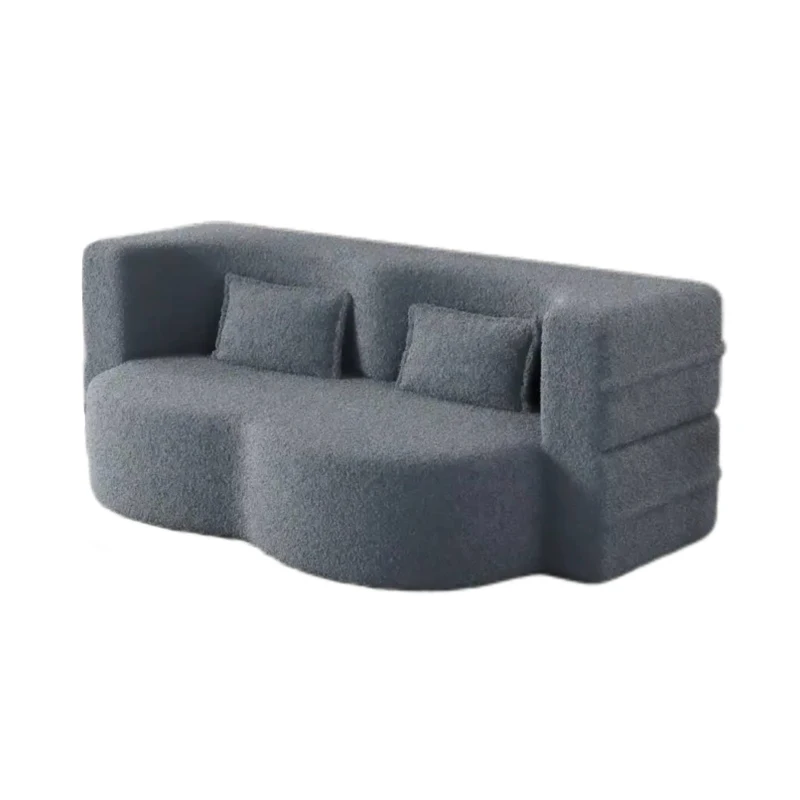 Convertible Teddy Fabric Foam-Filled Sleeper Sofa Bed with 2 Pillows, Folding Mattress, Modern Floor Sofa, 78" L x 45" W x 30" H, Gray
