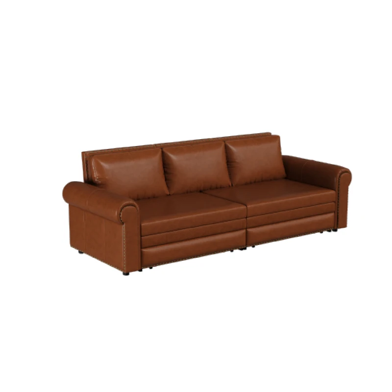 94" 3-in-1 Convertible Sleeper Sofa with Nailhead Trim & Rolled Arm, Chesterfield Sofa, Multi-Functional, 94" L x 35.5" W x 38.5" H, Light Brown