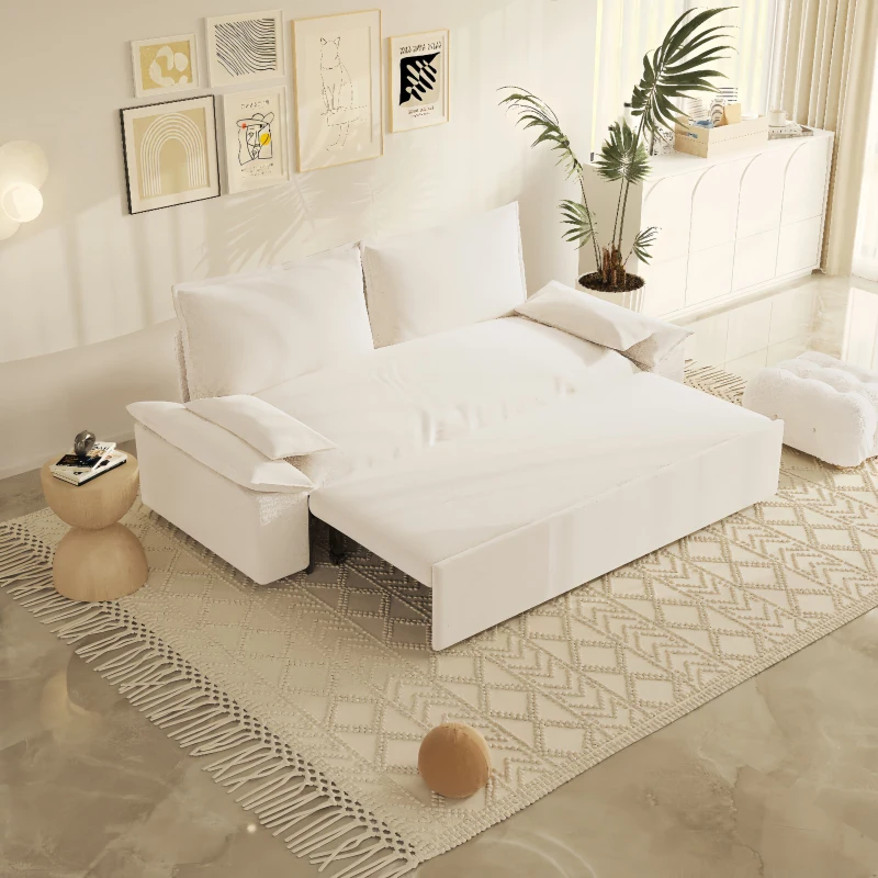 70" 3-in-1 Convertible Sleeper Sofa with 2 Soft Pillows, Multi-Functional Velvet Loveseat Bed, 70" L x 33" W x 36" H, Beige