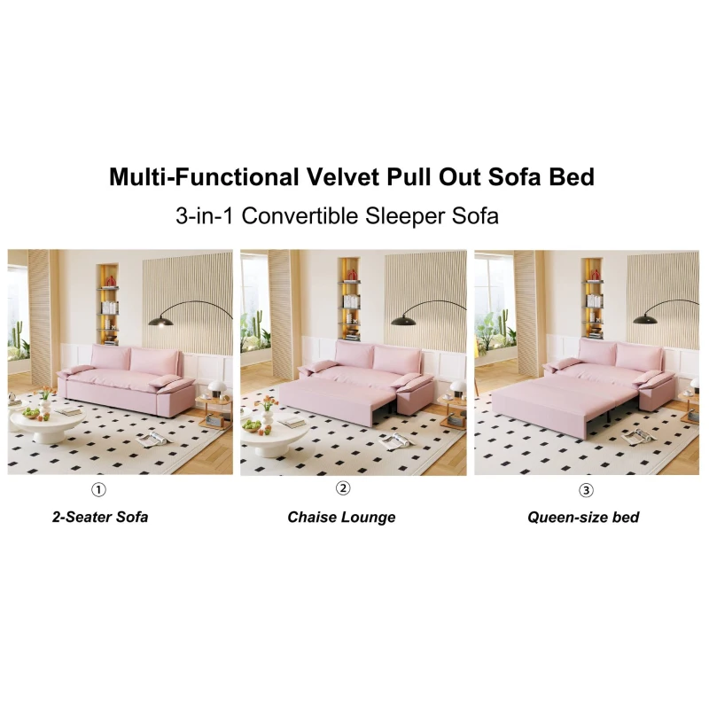 70" 3-in-1 Convertible Sleeper Sofa with 2 Soft Pillows, Multi-Functional Velvet Loveseat Bed, 70" L x 33" W x 36" H, Pink