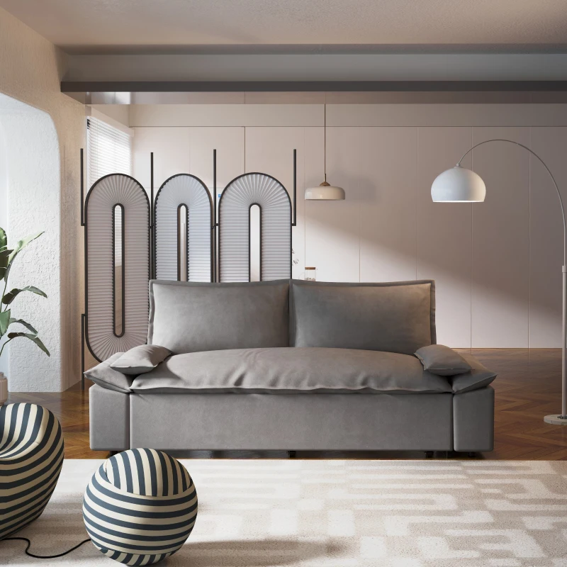 70" 3-in-1 Convertible Sleeper Sofa with 2 Soft Pillows, Multi-Functional Velvet Loveseat Bed, 70" L x 33" W x 36" H, Grey