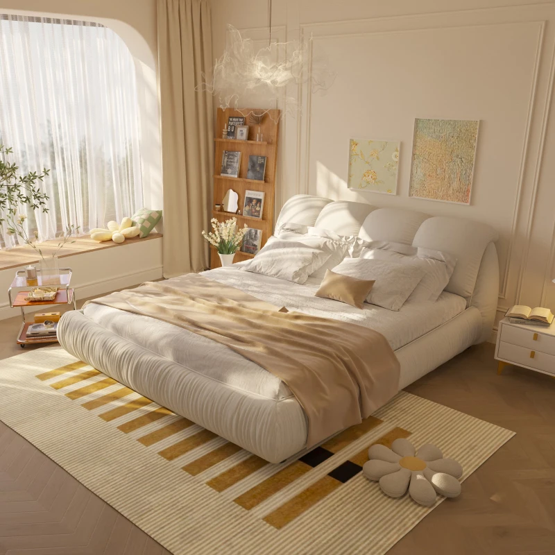 Queen Size Upholstered Bed with Oversized Padded Backrest, Solid Wood Frame, Adjustable Mattress Heights, 96.5" L x 70" W x 43.5" H, Beige