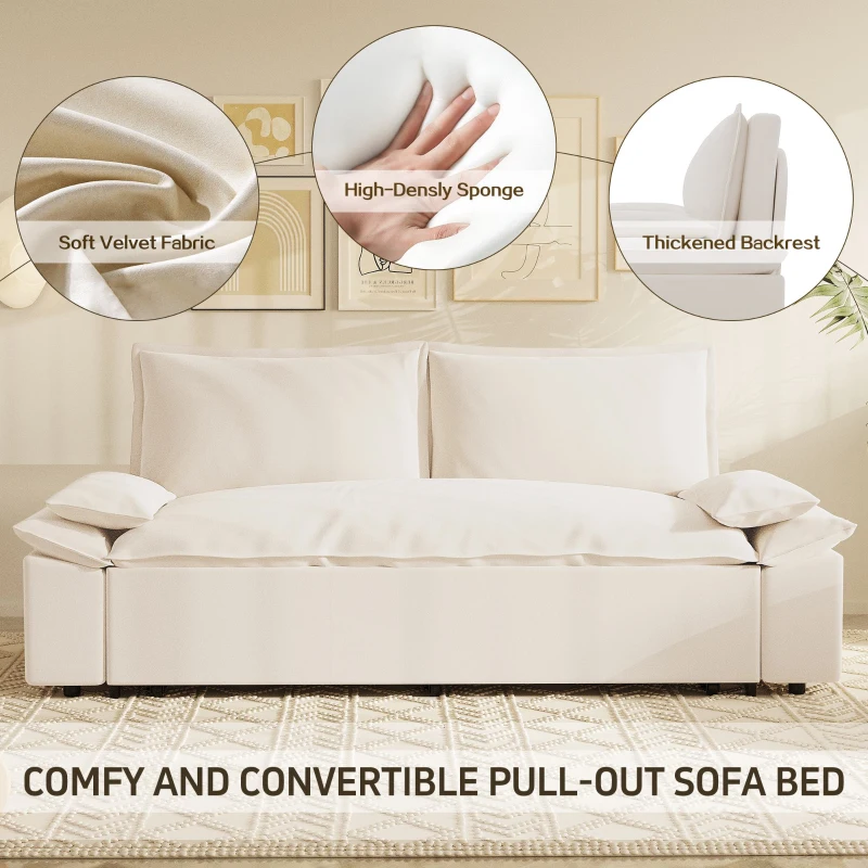 70" 3-in-1 Convertible Sleeper Sofa with 2 Soft Pillows, Multi-Functional Velvet Loveseat Bed, 70" L x 33" W x 36" H, Beige