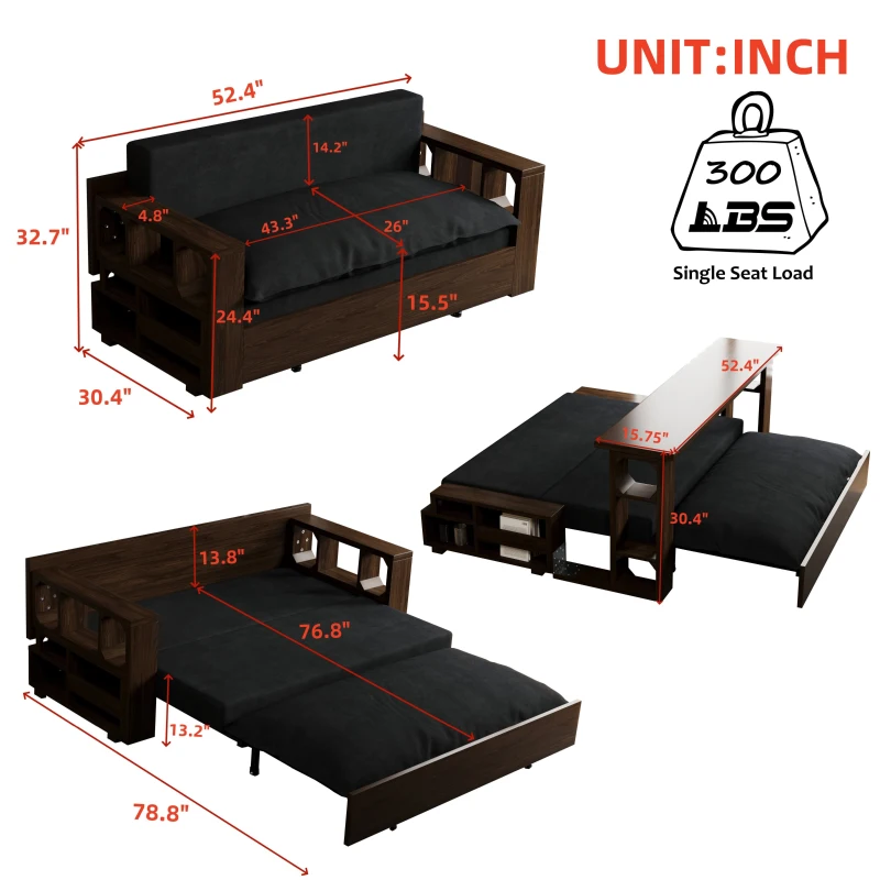 3-in-1 Convertible Sofa Bed with Pull Out Bed and Hidden Office Desk, Modern Velvet Loveseat Couch, 52.5" L x 30.5" W x 33" H, Black
