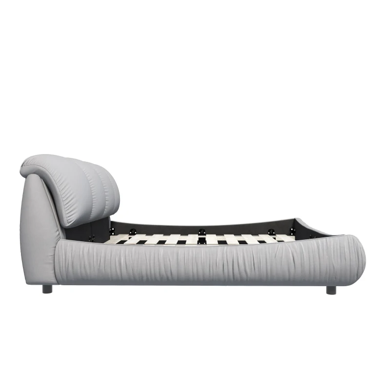 Queen Size Upholstered Bed with Oversized Padded Backrest, Solid Wood Frame, Adjustable Mattress Heights, 96.5" L x 70" W x 43.5" H, Grey