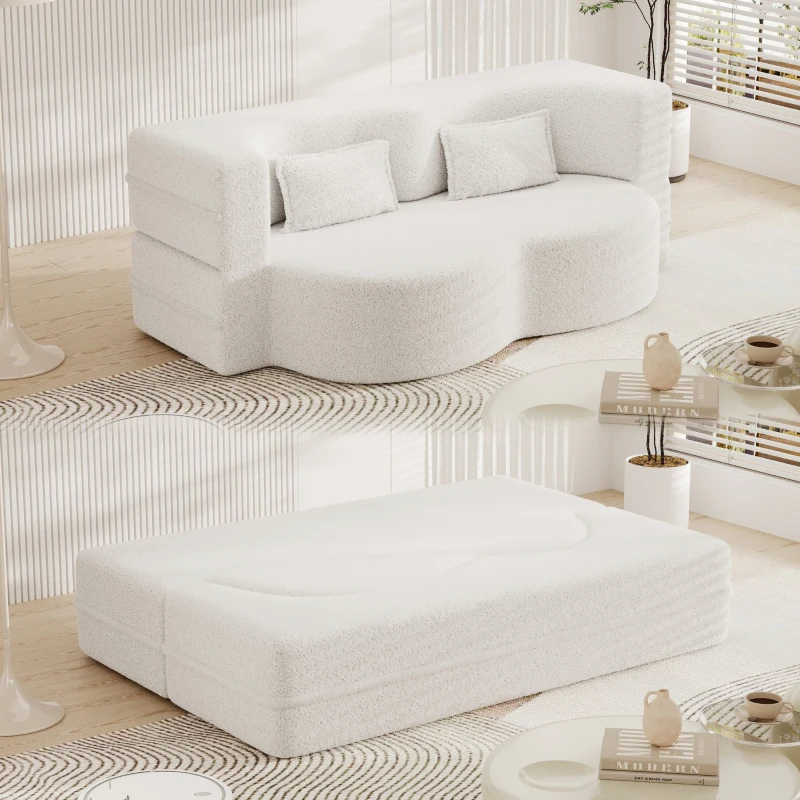 Convertible Teddy Fabric Foam-Filled Sleeper Sofa Bed with 2 Pillows, Modern Floor Sofa, Folding Mattress, 78"L x 45"W x 30"H, White
