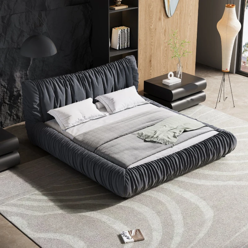 King Size Upholstered Bed with Removable Cushion, Solid Wood Frame, Adjustable Mattress Heights, 96.5" L x 89" W x 39.5" H, DARK Gray