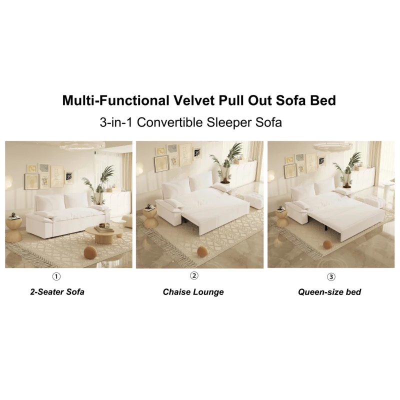 70" 3-in-1 Convertible Sleeper Sofa with 2 Soft Pillows, Multi-Functional Velvet Loveseat Bed, 70" L x 33" W x 36" H, Beige