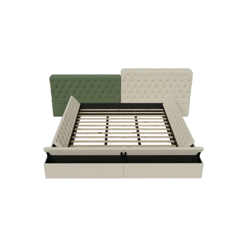 King Contemporary Special-shaped Upholstered Bed with Deep Button Tufting, Storage Compartments, 123.5" L x 101" W x 43.5" H, Beige
