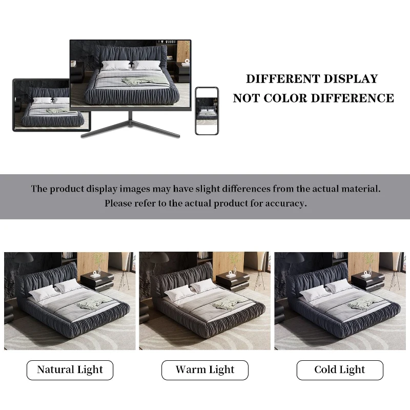 King Size Upholstered Bed with Removable Cushion, Solid Wood Frame, Adjustable Mattress Heights, 96.5" L x 89" W x 39.5" H, DARK Gray
