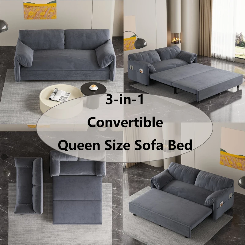 64" 3-in-1 Convertible Sleeper Sofa with Side Storage, Multi-Functional Velvet Loveseat Bed, 64" L x 33.5" W x 36" H, Grey