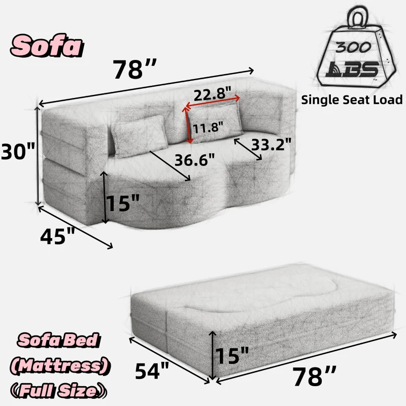 Convertible Teddy Fabric Foam-Filled Sleeper Sofa Bed with 2 Pillows, Modern Floor Sofa, Folding Mattress, 78" L x 45" W x 30" H, Pink